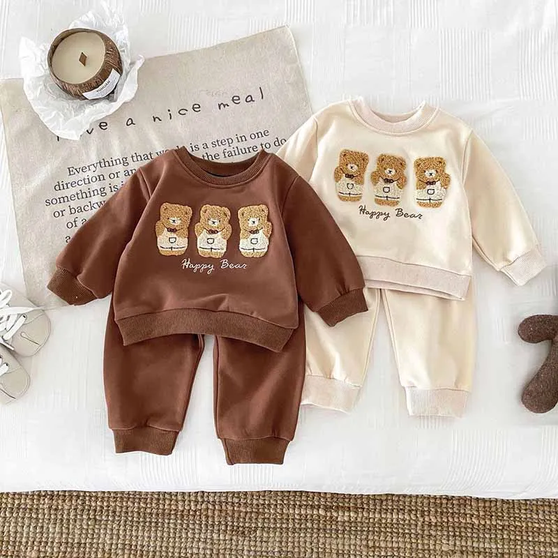 Kids Baby Boys Girls Casual Cute Cartoon Bear Alphabet Long Sleeve Sweatshirts Pants Set Cotton Pullover