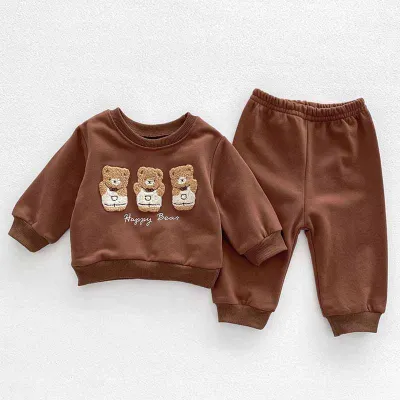 Kids Baby Boys Girls Casual Cute Cartoon Bear Alphabet Long Sleeve Sweatshirts Pants Set Cotton Pullover