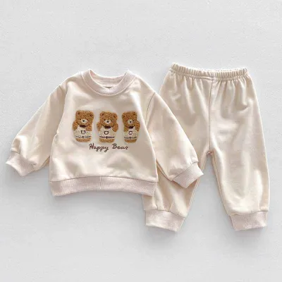 Kids Baby Boys Girls Casual Cute Cartoon Bear Alphabet Long Sleeve Sweatshirts Pants Set Cotton Pullover