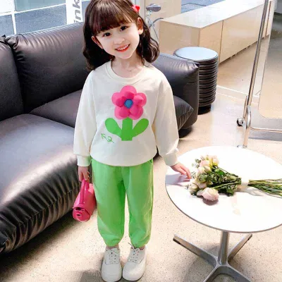 Kids Toddler Girls Casual Cute Flower Pattern Long Sleeve Knit Sweatshirt Pants Two Piece Set