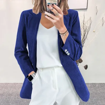 Autumn Winter Women Casual Solid Color Corduroy Long Sleeve Blazer Jacket