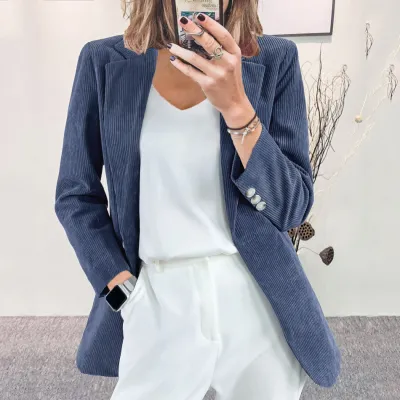 Autumn Winter Women Casual Solid Color Corduroy Long Sleeve Blazer Jacket