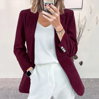 Autumn Winter Women Casual Solid Color Corduroy Long Sleeve Blazer Jacket