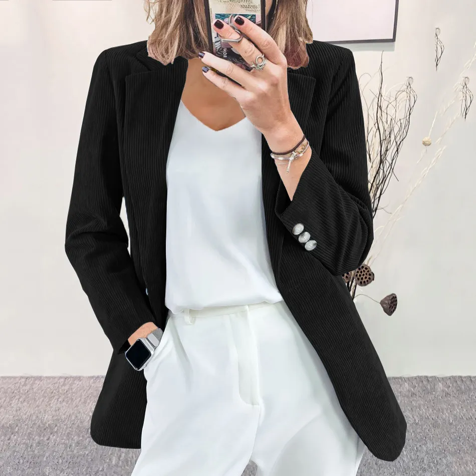 Autumn Winter Women Casual Solid Color Corduroy Long Sleeve Blazer Jacket