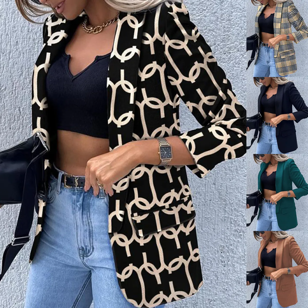 Women Casual Plaid Chain Print Long Sleeve Blazer Jacket
