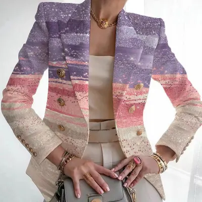 Women Casual Geometric Print Lapel Long Sleeve Blazer Coat