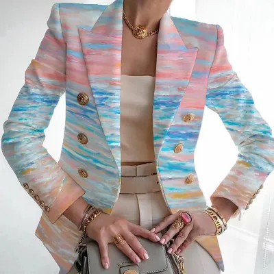 Women Casual Geometric Print Lapel Long Sleeve Blazer Coat