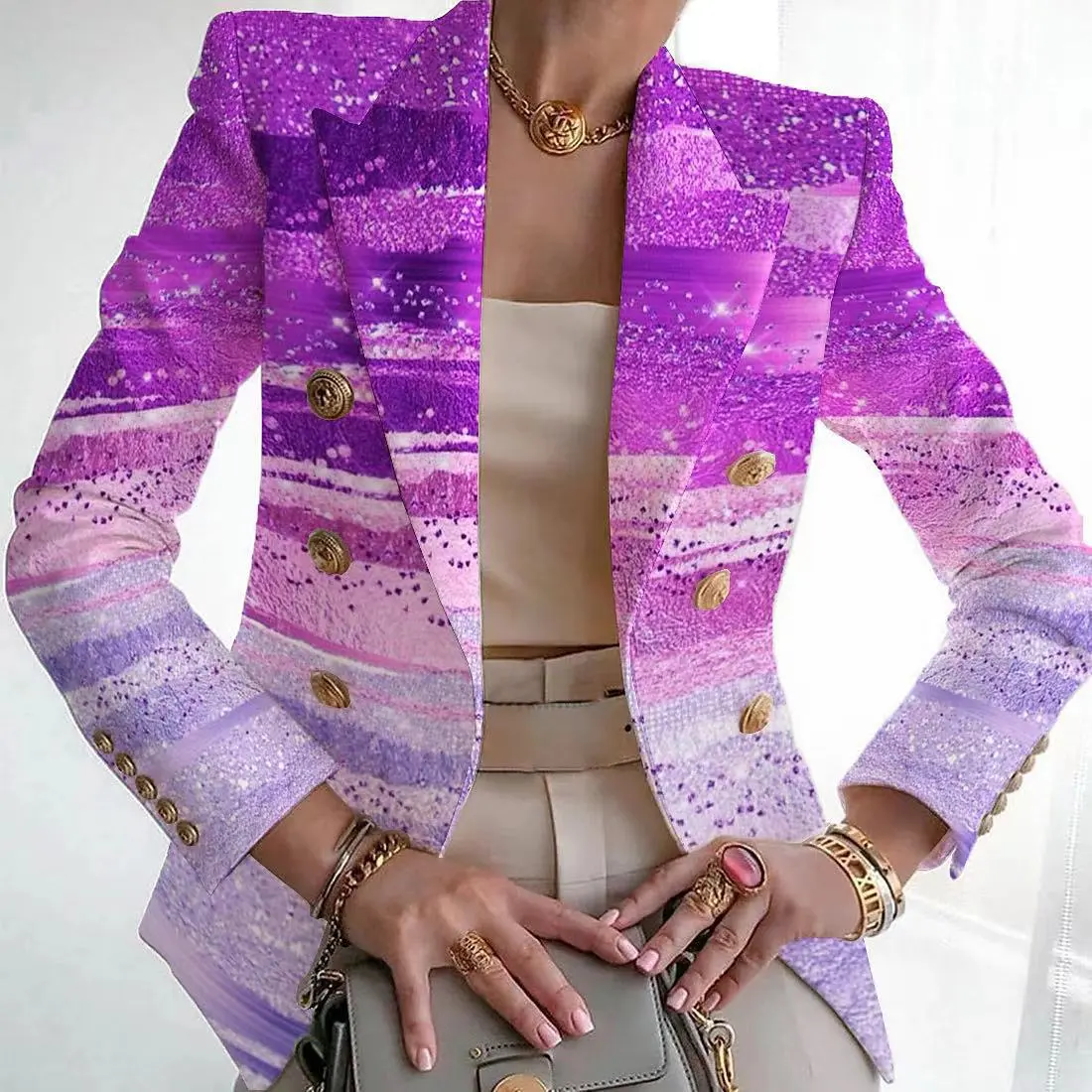 Women Casual Geometric Print Lapel Long Sleeve Blazer Coat