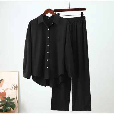 Plus Size Loose Elastic Wrinkled Long-Sleeved Shirt Wide-Leg Pants Casual Set Urban Wind Autumn Winter