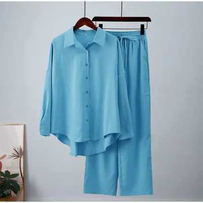Plus Size Loose Elastic Wrinkled Long-Sleeved Shirt Wide-Leg Pants Casual Set Urban Wind Autumn Winter