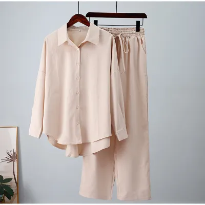 Plus Size Loose Elastic Wrinkled Long-Sleeved Shirt Wide-Leg Pants Casual Set Urban Wind Autumn Winter