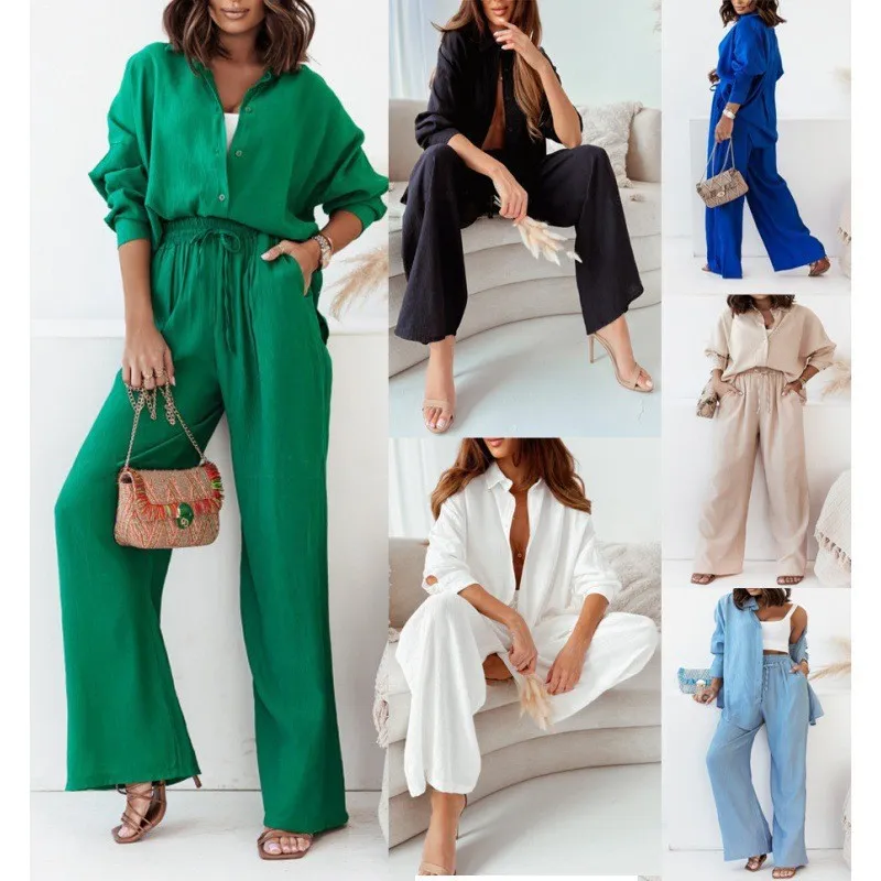 Plus Size Loose Elastic Wrinkled Long-Sleeved Shirt Wide-Leg Pants Casual Set Urban Wind Autumn Winter