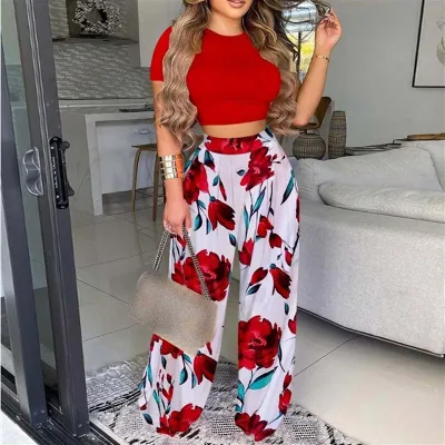 Autumn Women Floral Leaf Printed Short-Sleeve Crop Top Wide-Leg Pants Set