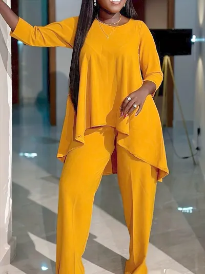 Women Casual Plus Size Long Sleeve Top Pants Two-Piece Set