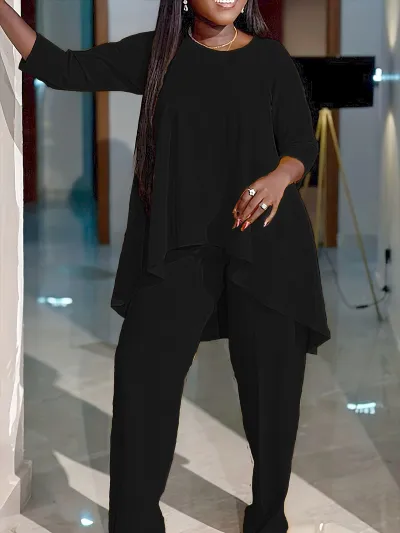 Women Casual Plus Size Long Sleeve Top Pants Two-Piece Set