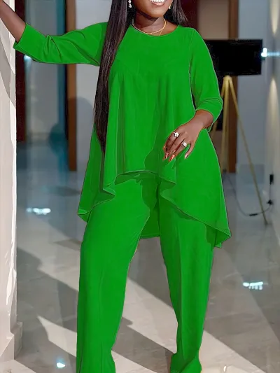 Women Casual Plus Size Long Sleeve Top Pants Two-Piece Set