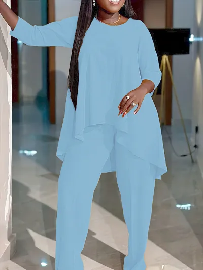 Women Casual Plus Size Long Sleeve Top Pants Two-Piece Set