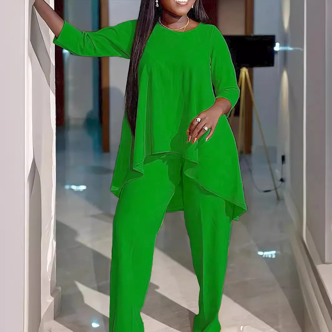 Women Casual Plus Size Long Sleeve Top Pants Two-Piece Set