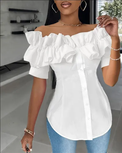 Creative Women Off-Shoulder Ruffled Slim-Fit Short Sleeve Blouse