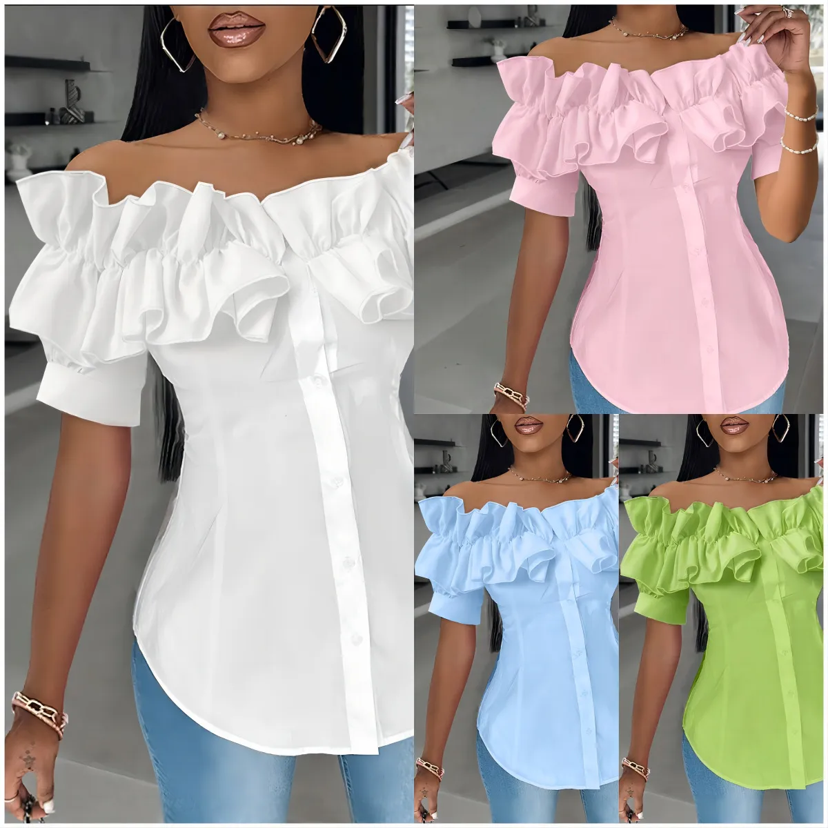 Creative Women Off-Shoulder Ruffled Slim-Fit Short Sleeve Blouse