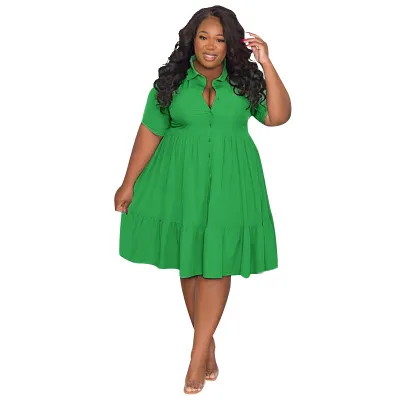 Summer Women Casual Plus Size Lasel Single-Breasted Short-Sleeved Shirt Dress