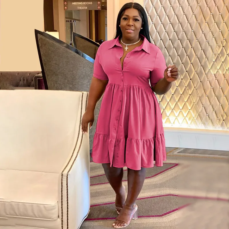Summer Women Casual Plus Size Lasel Single-Breasted Short-Sleeved Shirt Dress