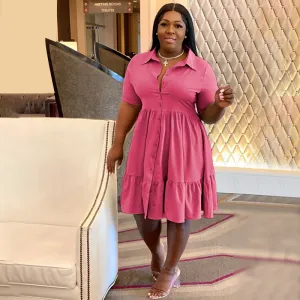 Summer Women Casual Plus Size Lasel Single-Breasted Short-Sleeved Shirt Dress