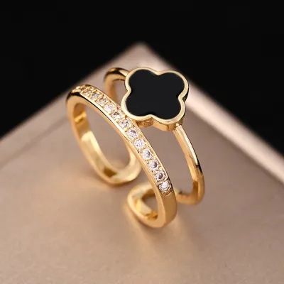 Women Fashion Rhinestone Four-Leaf Clover Opening Ring Simple Ol