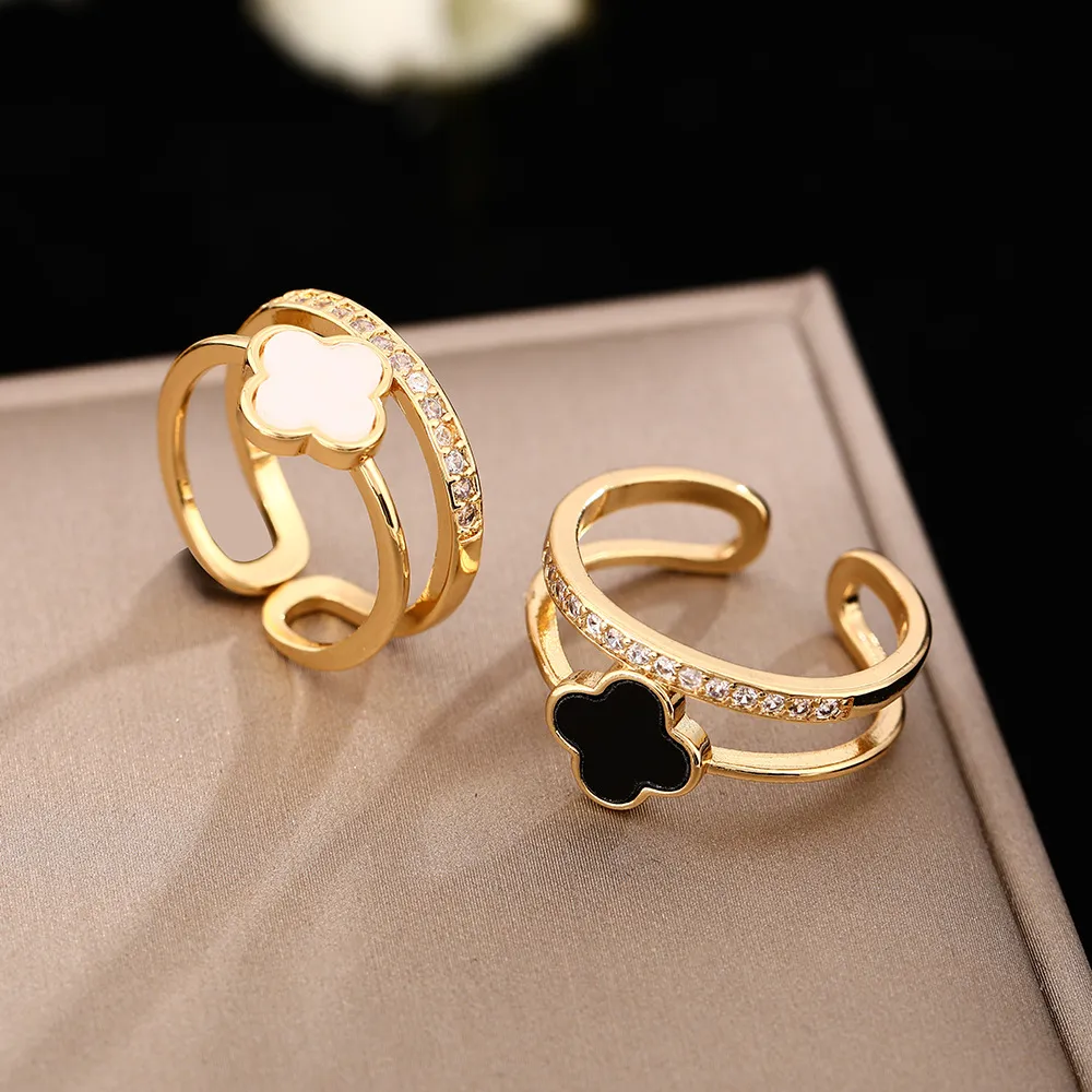 Women Fashion Rhinestone Four-Leaf Clover Opening Ring Simple Ol