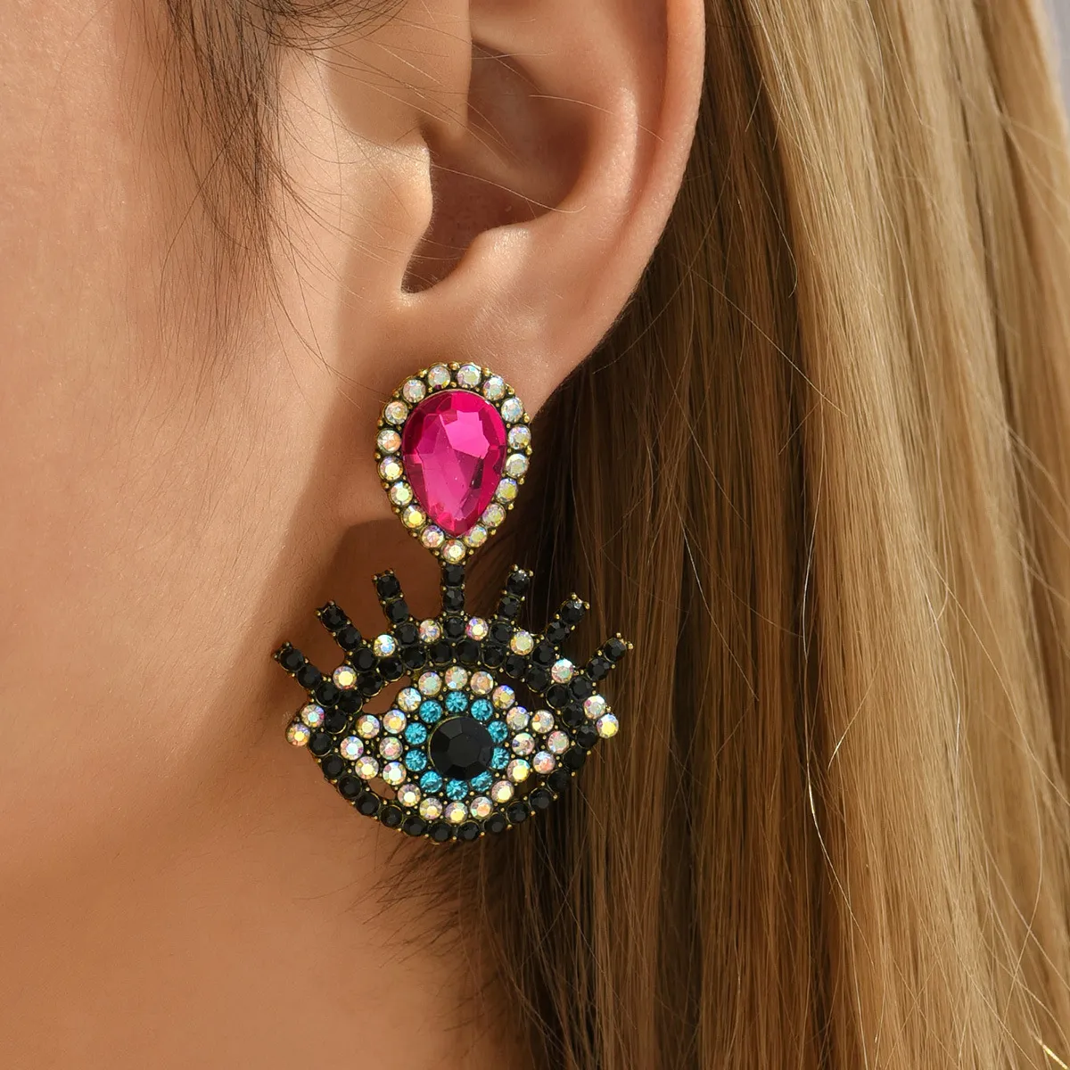 Exaggerated Creative Rhinestone Evil Eye Earrings Alloy Sweet Cool Wind