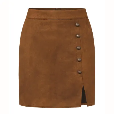 Autumn Winter Women Fashion Solid Color Suede High Waist Metallic Buckle A-Line Skirt