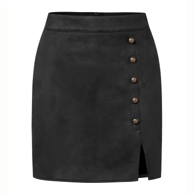 Autumn Winter Women Fashion Solid Color Suede High Waist Metallic Buckle A-Line Skirt