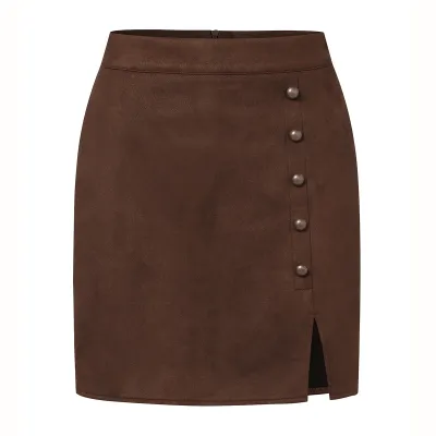 Autumn Winter Women Fashion Solid Color Suede High Waist Metallic Buckle A-Line Skirt