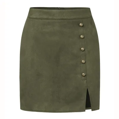 Autumn Winter Women Fashion Solid Color Suede High Waist Metallic Buckle A-Line Skirt