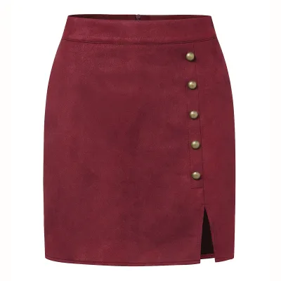 Autumn Winter Women Fashion Solid Color Suede High Waist Metallic Buckle A-Line Skirt