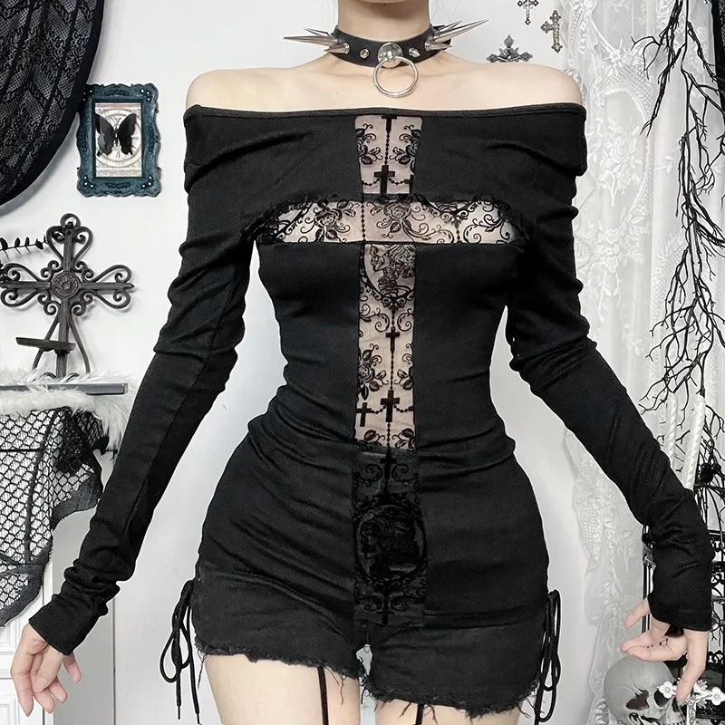 Gothic Women Sexy Cross Perspective Shoulder Long Sleeve T-Shirt