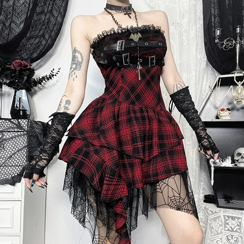 Women Gothic Plaid-Print Lace Stitching Strapless A-Line Dress