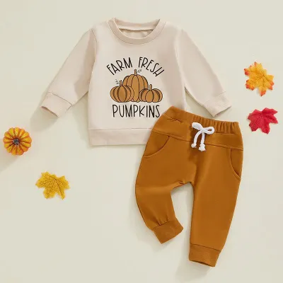 Kids Baby Boys Girls Casual Cute Thanksgiving Alphabet Pumpkin Print Long Sleeve Sweatshirts Trousers Sets