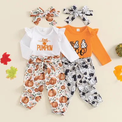 Kids Baby Girls Casual Cute Thanksgiving Alphabet Embroidery Long Sleeve Romper Trousers Sets