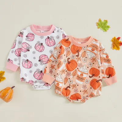 Kids Baby Girls Casual Cute Thanksgiving Pumpkin Print Long Sleeve Romper