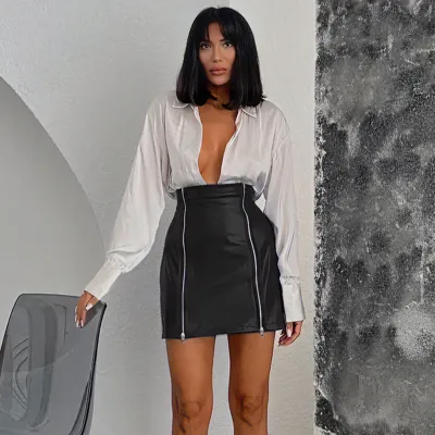 Women Fashion Double Zipper Slim-Fit High Waist PU Skirt