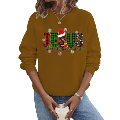 Christmas Women Cartoon Plaid Snowflake Print Round Neck Short Sleeve Sweatshirt