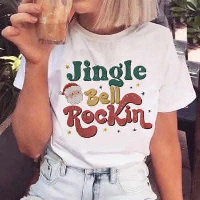 Women Minimalist Letter Christmas Tree Print Round Neck Short Sleeve T-Shirt
