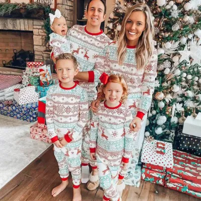 Cartoon Christmas Tree Print Round Neck Long Sleeve Loose Fit Parent-Child Pajamas Set Family Matching Outfits