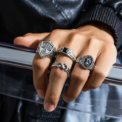 Men Fashion Casual Vintage Cross Hip Hop Alloy Ring Sets