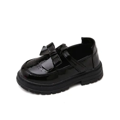 Zapatos Planos de Cuero PU para Niñas, Casuales, Bonitos, Estilo Británico, con Hebilla de Lazo y Cierre de Velcro, Punta Redonda