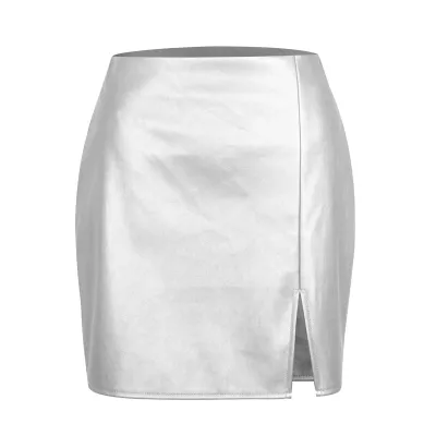 Women Fashion High Waist Zipper PU Split Skirt