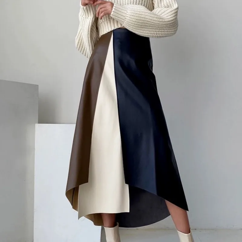Women Vintage French Style Multicolor Stitching A-Line PU Skirt