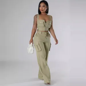 Summer Women Casual Multi-Pocket Zipper Camisole High Waist Cargo Pants Set