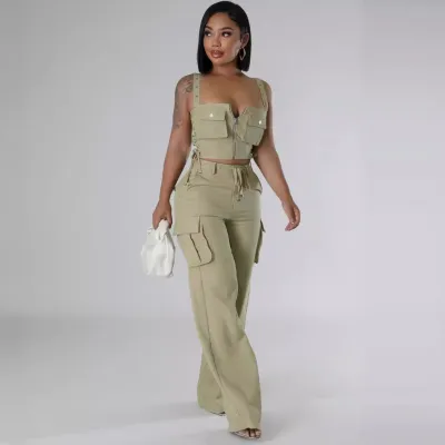 Summer Women Casual Multi-Pocket Zipper Camisole High Waist Cargo Pants Set